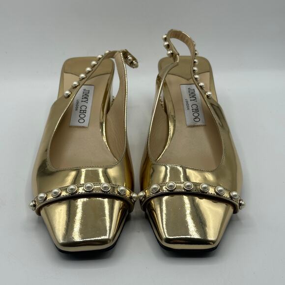 JIMMY CHOO Hya 45 Gold Metallic Slingback Heels Pearl Trim Square Sz 39.5 $995 - Picture 4 of 9
